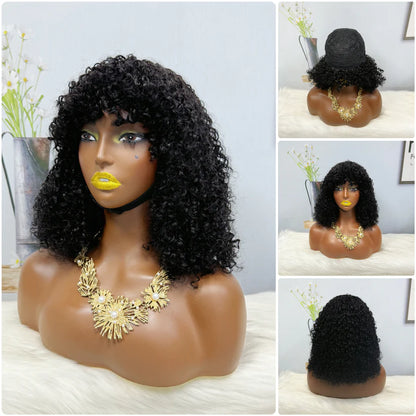 Fringe Double Drawn Wig Human Hair Pixie Curl Wigs 300% Density 12inches Color 1B