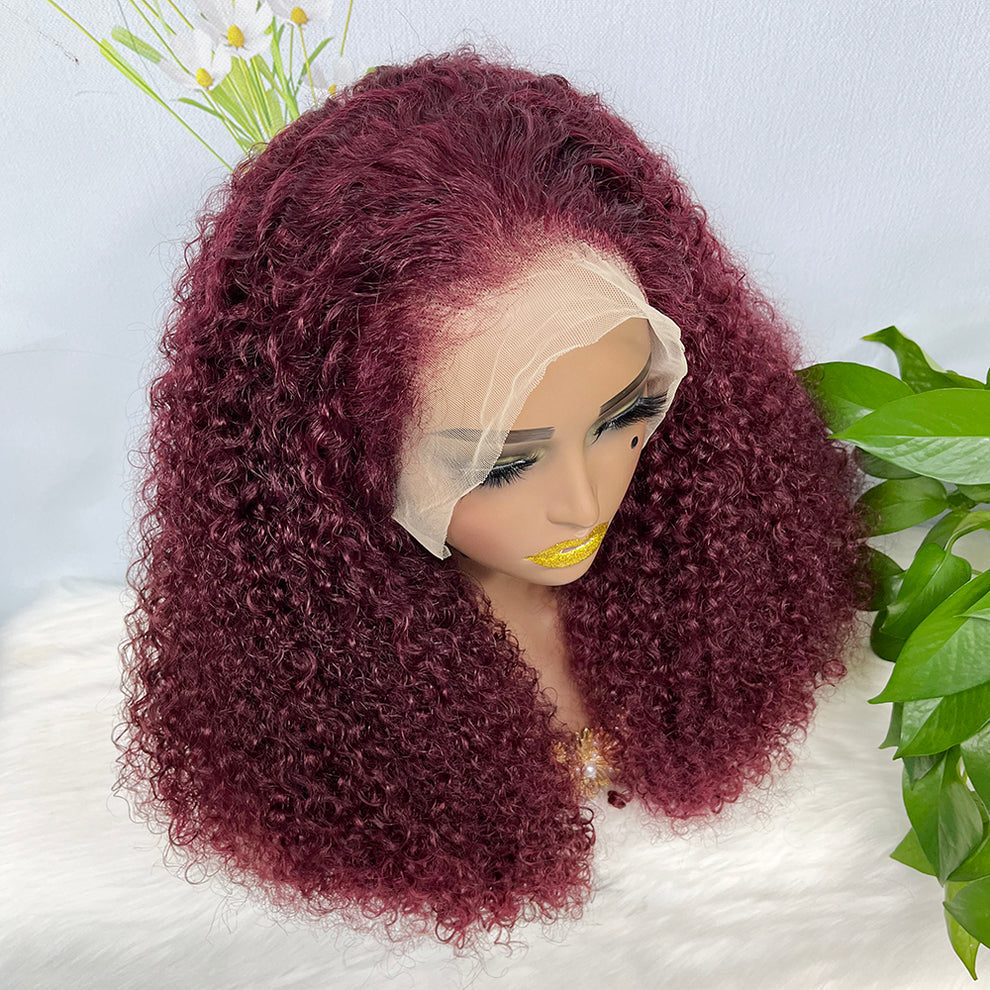 Double Drawn 13*4 Lace Wig Kinky Curl Lace Wig Color 99J 300% Density