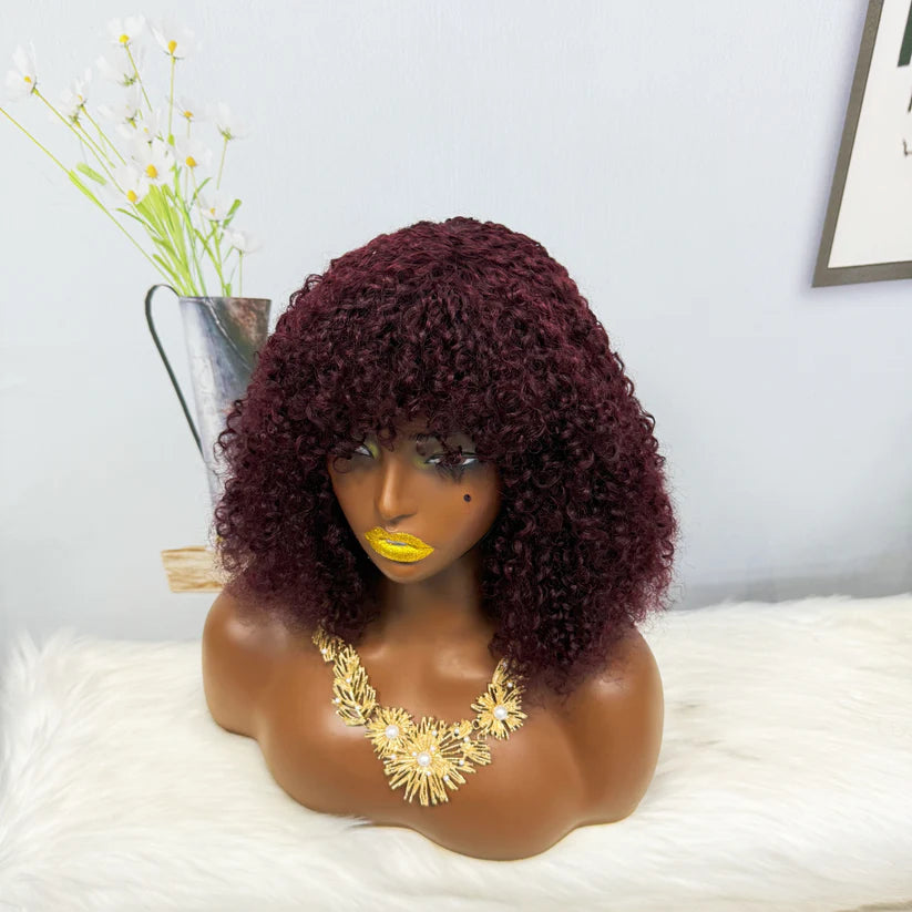 Fringe Double Drawn Wig Human Hair Pixie Curl Wigs 300% Density 12inches Color 99J