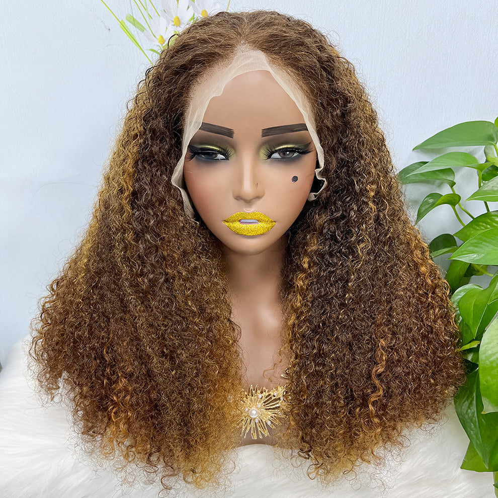 Double Drawn 13*4 Lace Wig Kinky Curl Lace Wig Color P4/27# 300% Density