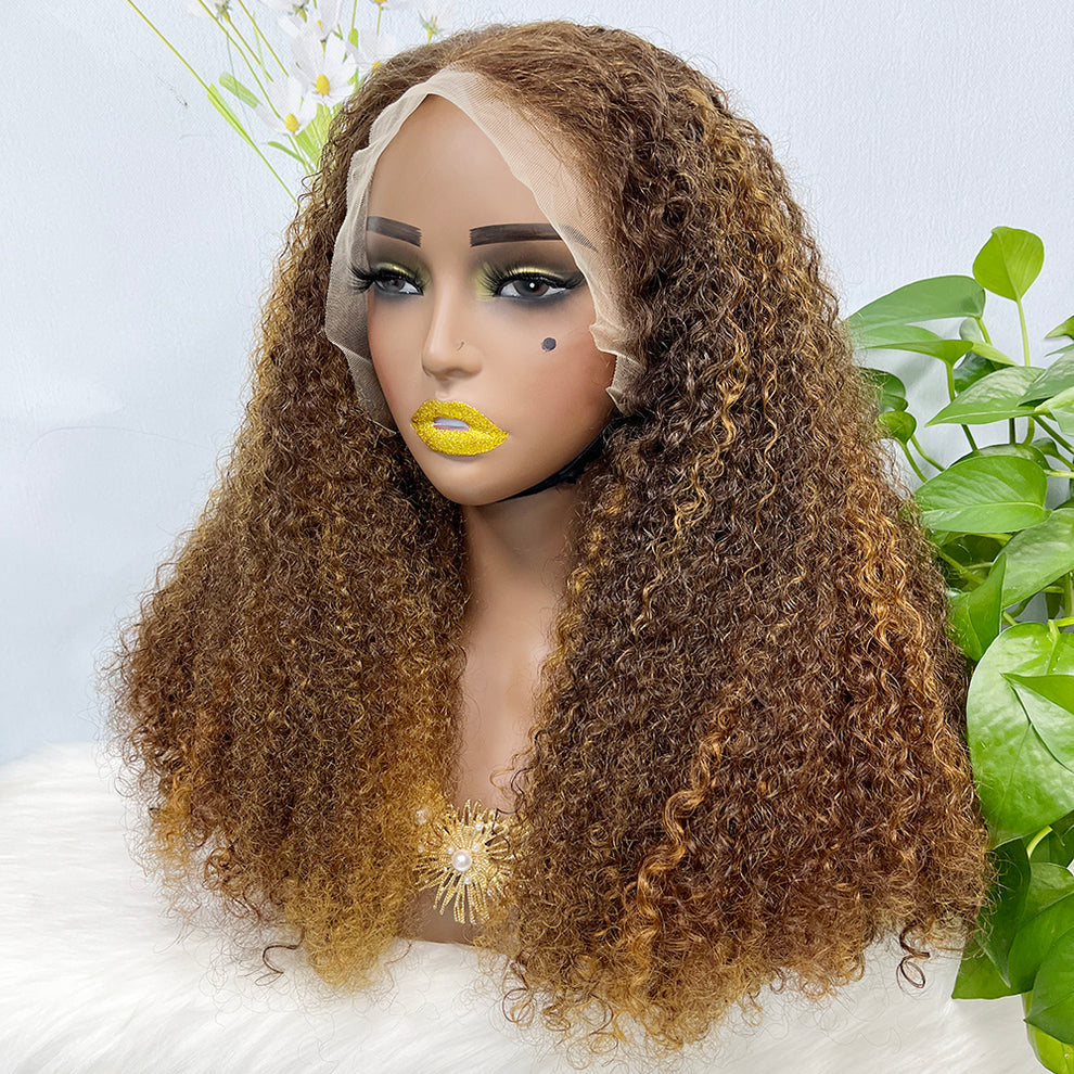 Double Drawn 13*4 Lace Wig Kinky Curl Lace Wig Color P4/27# 300% Density