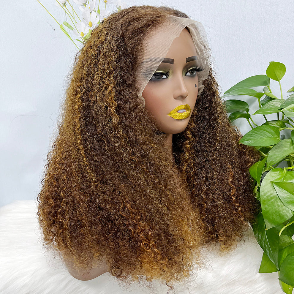 Double Drawn 13*4 Lace Wig Kinky Curl Lace Wig Color P4/27# 300% Density