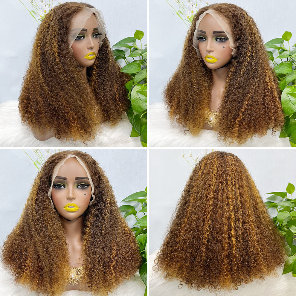 Double Drawn 13*4 Lace Wig Kinky Curl Lace Wig Color P4/27# 300% Density