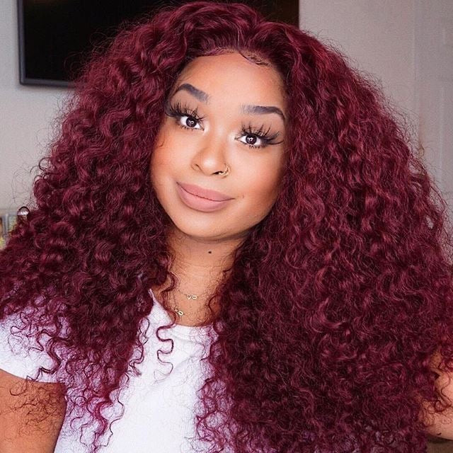 Double Drawn 13*4 Lace Wig Kinky Curl Lace Wig Color 99J 300% Density