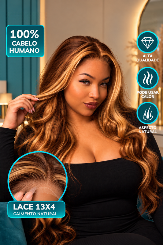 "Peruca Humana 13x4 Lace Wig Body Wave Natural - Mechas Loira Mel P4/27# "