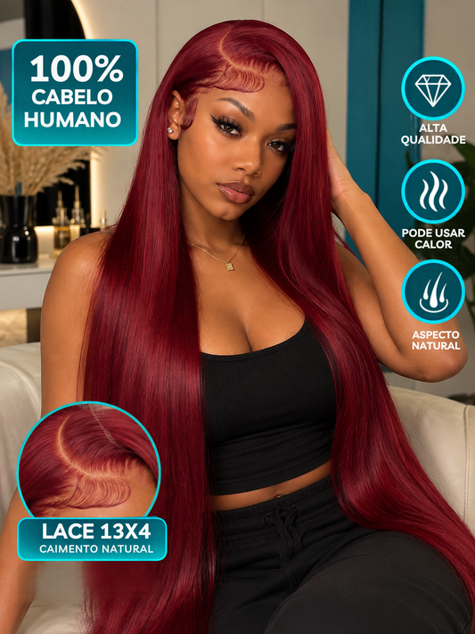 Peruca Humana 13x4 Lace Front Liso (Straight) 200% Densidade - Cor Borgonha 99J