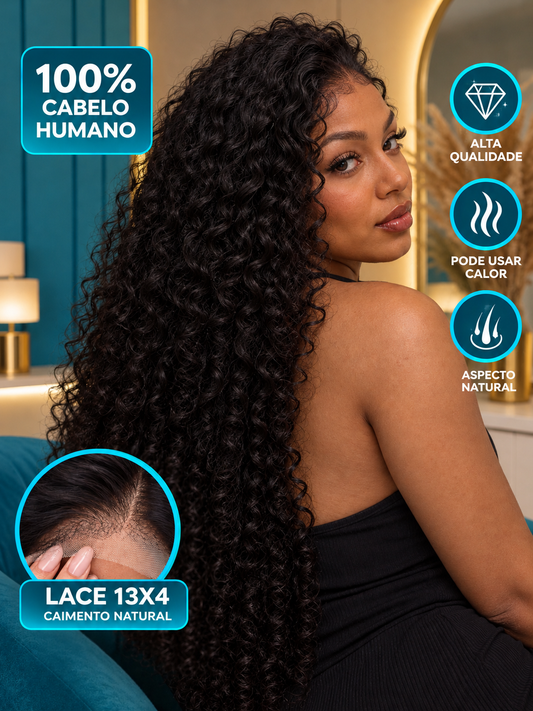Peruca Lace 13x4 Double Drawn Water Wave de Cabelo Humano Virgem Natural – Cor NC.