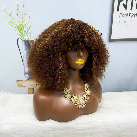 Fringe Double Drawn Wig Human Hair Pixie Curl Wigs 300% Density 12inches Color P4/30#